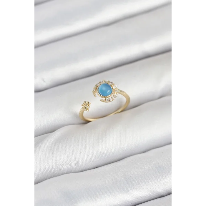 BUĞZ Pirinç Gold Renk Zirkon Taşlı Ay Yıldız Kadın Yüzük