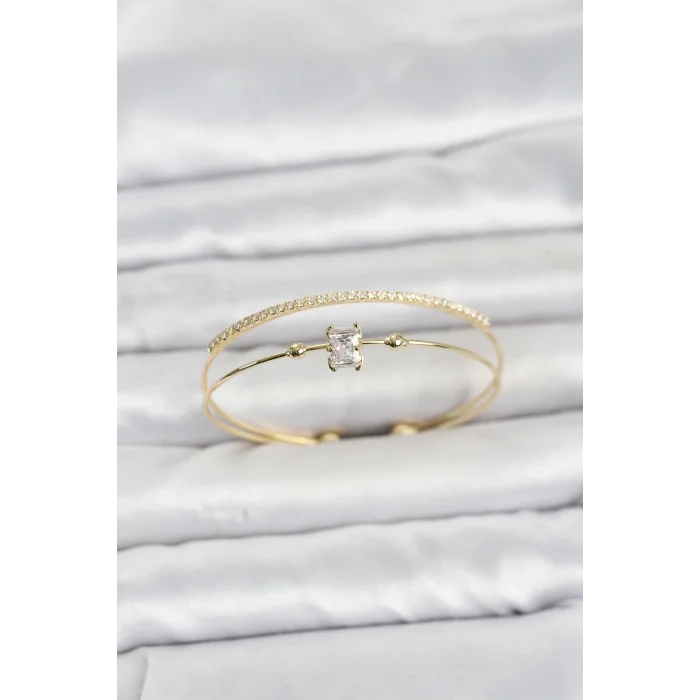 BUĞZ Pirinç Gold Renk Zirkon Taşlı Baget Model Kadın Bileklik