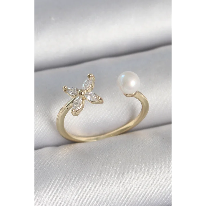 BUĞZ Pirinç Gold Renk Zirkon Taşlı Çiçek Model İnci Detay Ayarlanabilir Kadın Yüzük