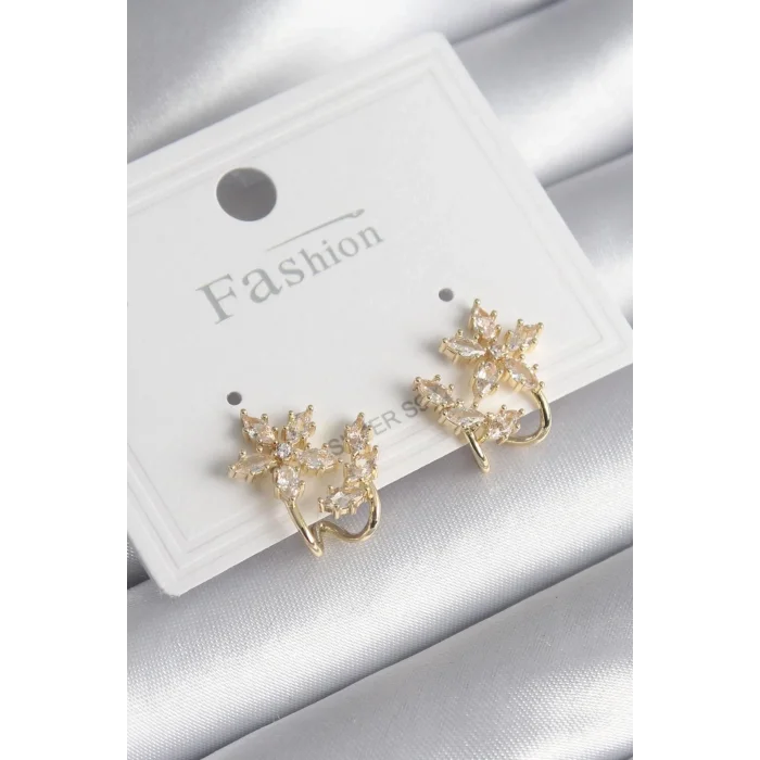 BUĞZ Pirinç Gold Renk Zirkon Taşlı Çiçek Model Kadın Küpe