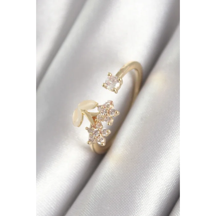 BUĞZ Pirinç Gold Renk Zirkon Taşlı Çiçek Model Kadın Yüzük