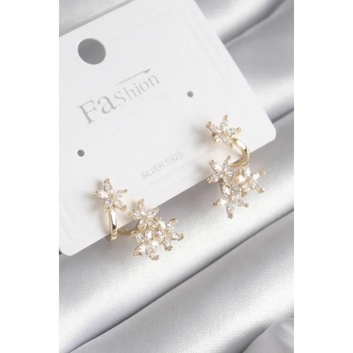 BUĞZ Pirinç Gold Renk Zirkon Taşlı Çiçek Tasarım Kadın Küpe