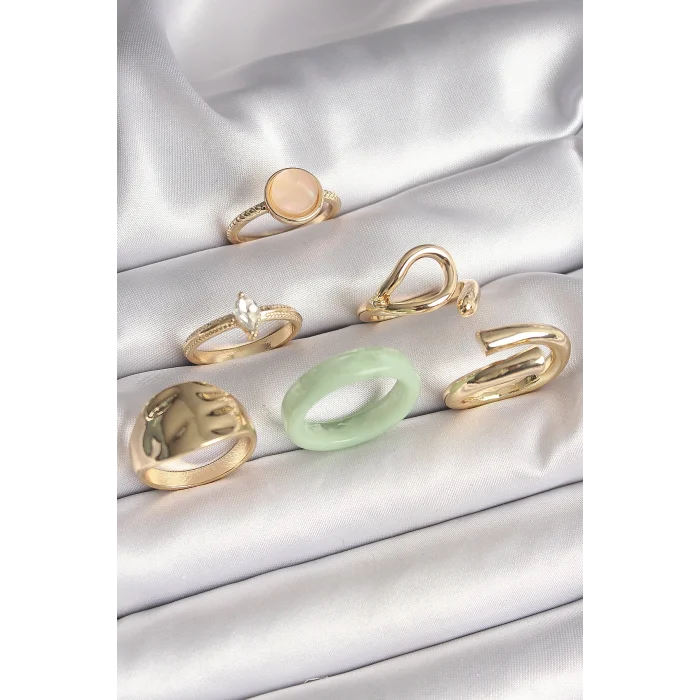 BUĞZ Pirinç Gold Renk Zirkon Taşlı Daire Pembe Mineli Detay 6Lı Kadın Yüzük Seti