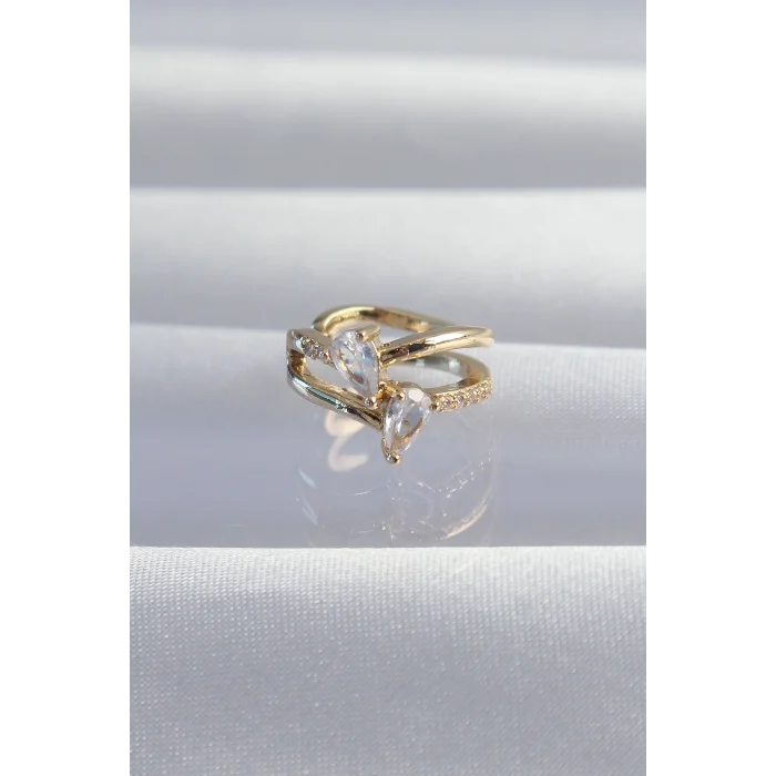 BUĞZ Pirinç Gold Renk Zirkon Taşlı Damla Earcuff Küpe