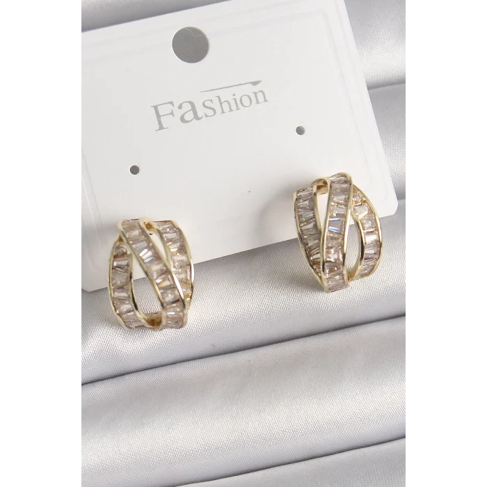 BUĞZ Pirinç Gold Renk Zirkon Taşlı Düğüm Halka Model Kadın Küpe