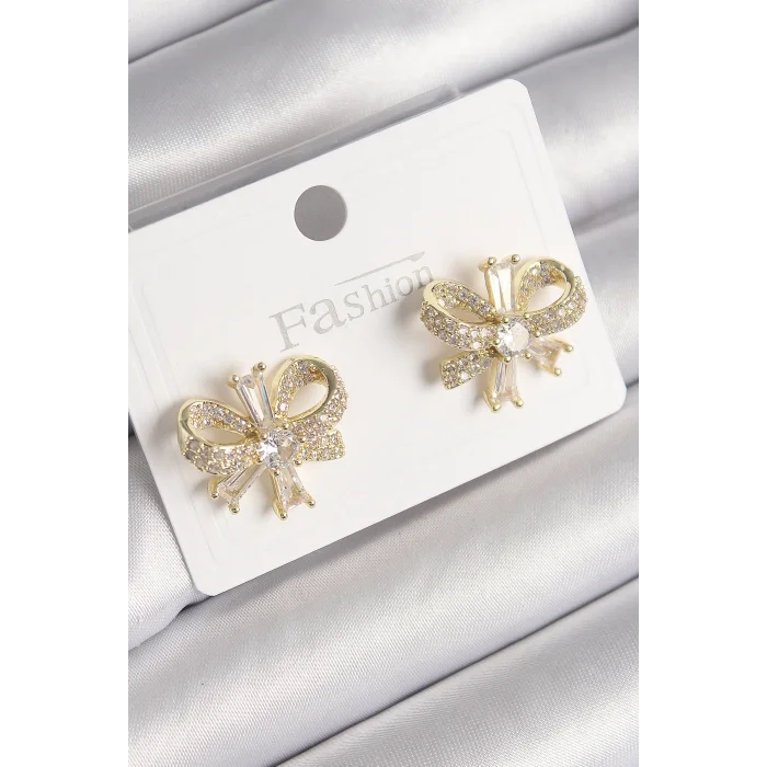 BUĞZ Pirinç Gold Renk Zirkon Taşlı Fiyonk Model Kadın Küpe