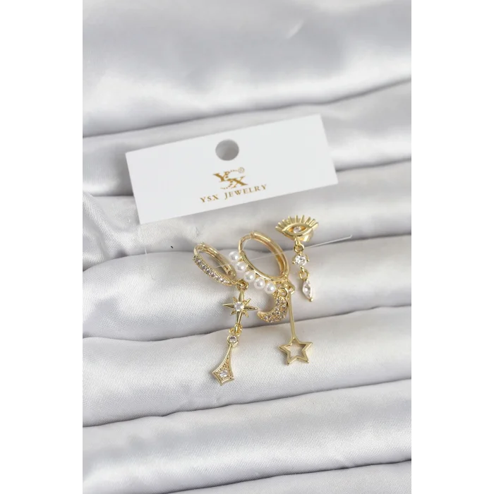 BUĞZ Pirinç Gold Renk Zirkon Taşlı Gece Temalı 3lü Kadın Küpe