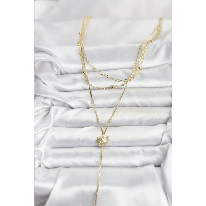 BUĞZ Pirinç Gold Renk Zirkon Taşlı Güneş Model Detaylı 3lü Kombin Y Kadın Kolye - Lisinya