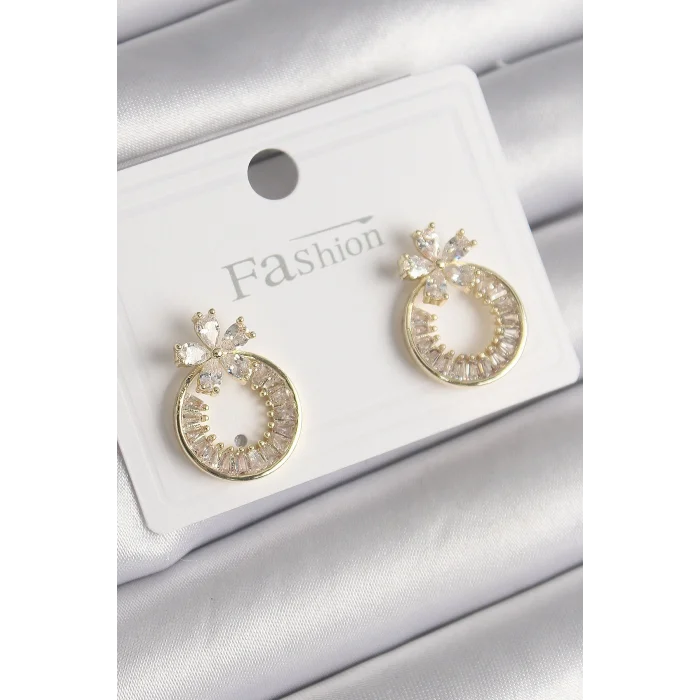 BUĞZ Pirinç Gold Renk Zirkon Taşlı Halka Model Çiçek Figür Kadın Küpe