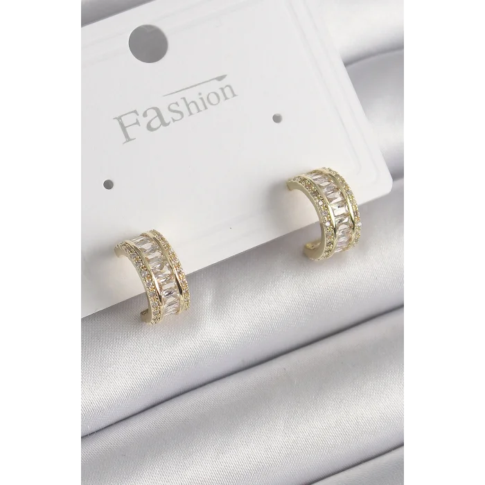 BUĞZ Pirinç Gold Renk Zirkon Taşlı Halka Model Kadın Küpe