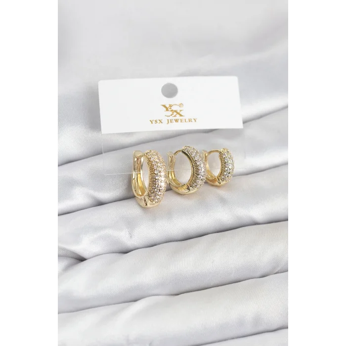 BUĞZ Pirinç Gold Renk Zirkon Taşlı Halka Model YSX Trio Küpe Seti