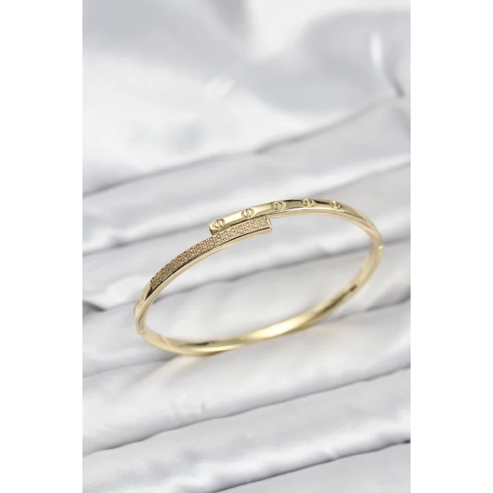 BUĞZ Pirinç Gold Renk Zirkon Taşlı Kadın Kelepçe Bileklik