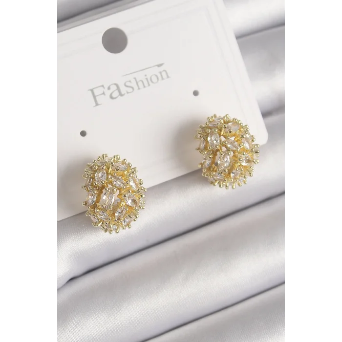 BUĞZ Pirinç Gold Renk Zirkon Taşlı Kadın Küpe