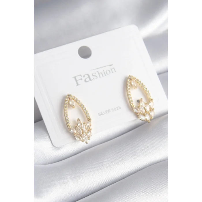 BUĞZ Pirinç Gold Renk Zirkon Taşlı Kadın Küpe