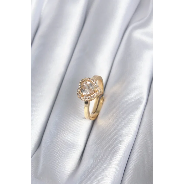 BUĞZ Pirinç Gold Renk Zirkon Taşlı Kalp Charm Model Kadın Yüzük