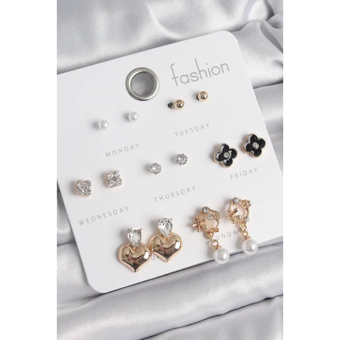 BUĞZ Pirinç Gold Renk Zirkon Taşlı Kalp Figür Siyah Yonca Detay 7 Çift Kadın Küpe Seti