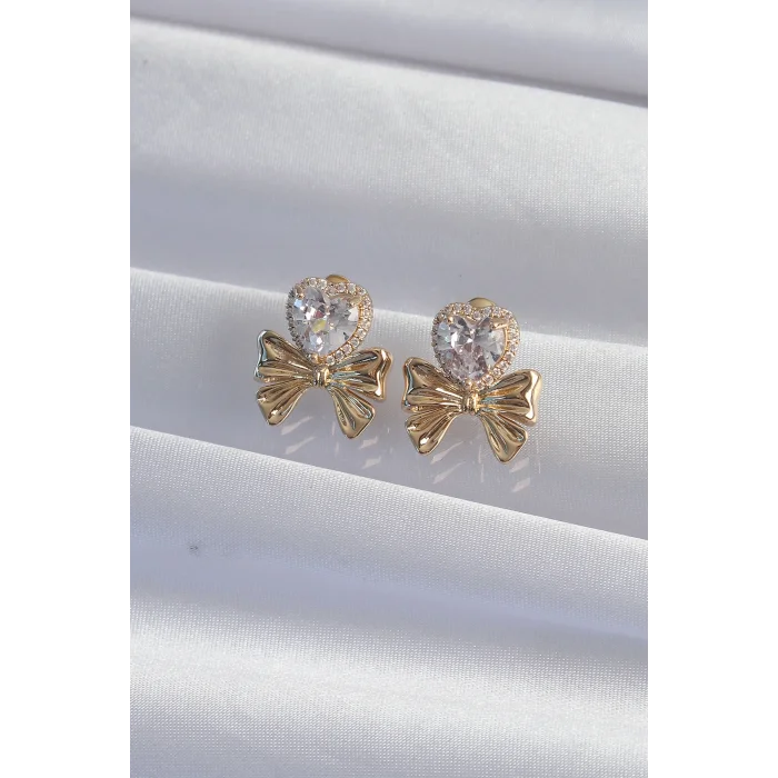 BUĞZ Pirinç Gold Renk Zirkon Taşlı Kalp Model Fiyonk Küpe - Lisinya