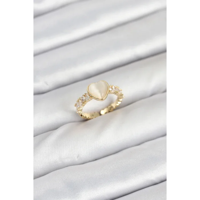 BUĞZ Pirinç Gold Renk Zirkon Taşlı Kalpli Kadın Yüzük