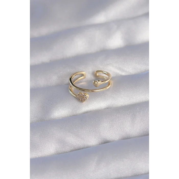 BUĞZ Pirinç Gold Renk Zirkon Taşlı Kalpli Model Ayarlanabilir Yüzük - Lisinya