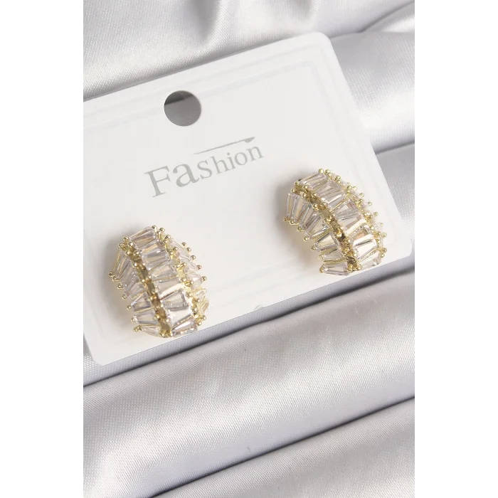 BUĞZ Pirinç Gold Renk Zirkon Taşlı Kaplumbağa Kabuğu Model Kadın Küpe