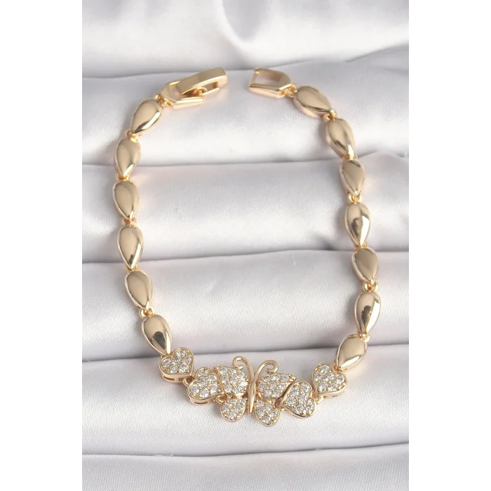 BUĞZ Pirinç Gold Renk Zirkon Taşlı Kelebek Figür Damla Zincir Model Kadın Bileklik