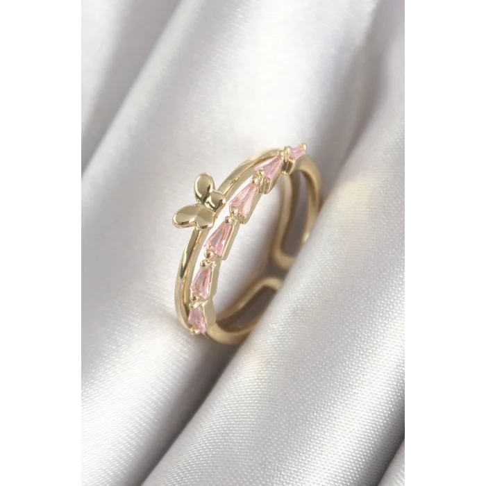 BUĞZ Pirinç Gold Renk Zirkon Taşlı Kelebek Figür Kadın Yüzük