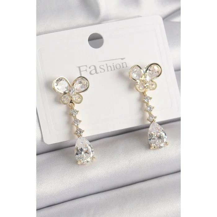 BUĞZ Pirinç Gold Renk Zirkon Taşlı Kelebek Model Sallantı Damla Zirkon Taş Kadın Küpe