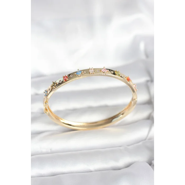 BUĞZ Pirinç Gold Renk Zirkon Taşlı Kelepçe Bileklik