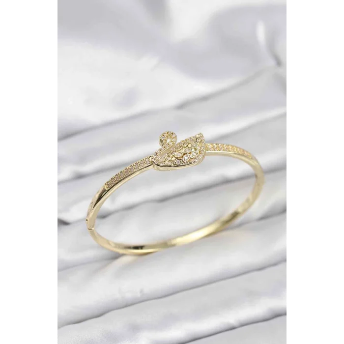 BUĞZ Pirinç Gold Renk Zirkon Taşlı Kuğu Model Kadın Kelepçe Bileklik