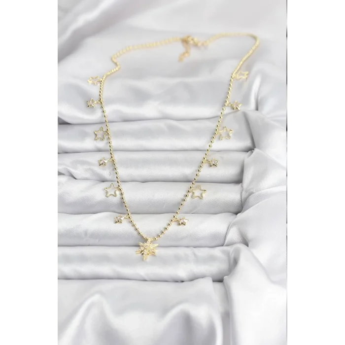 BUĞZ Pirinç Gold Renk Zirkon Taşlı Kutup Yıldızı Model Kadın Kolye