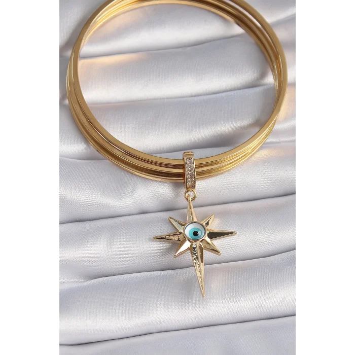 BUĞZ Pirinç Gold Renk Zirkon Taşlı Kutup Yıldızı Nazar Boncuk Detay Ajda Charm