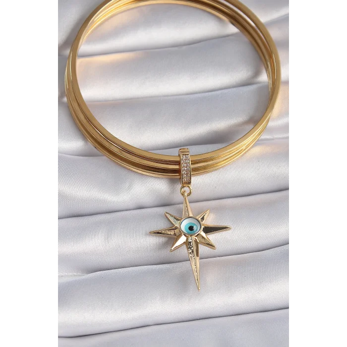 BUĞZ Pirinç Gold Renk Zirkon Taşlı Kutup Yıldızı Nazar Boncuk Detay Ajda Charm - Lisinya