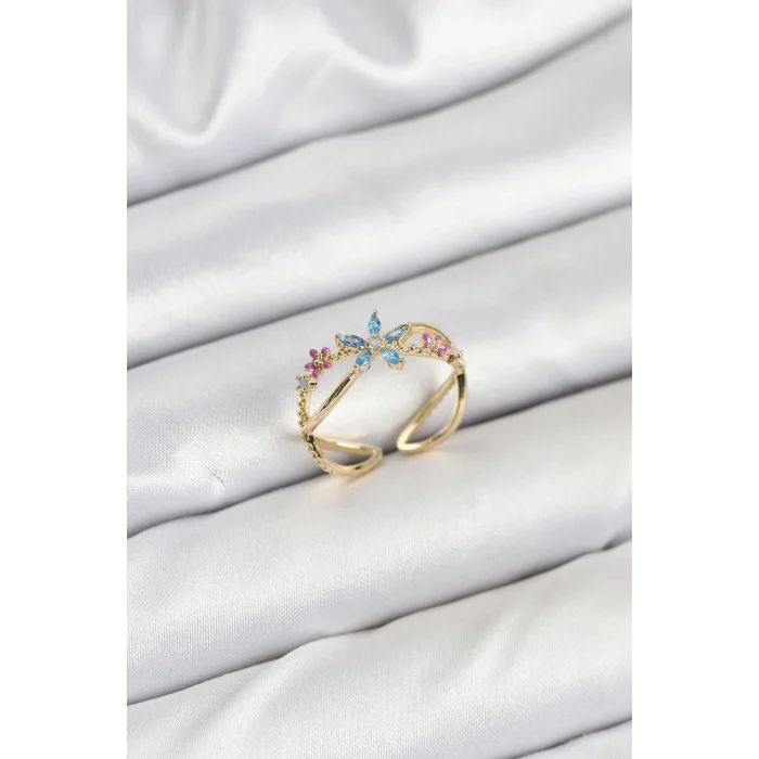 BUĞZ Pirinç Gold Renk Zirkon Taşlı Mavi Çiçekli Kadın Yüzük