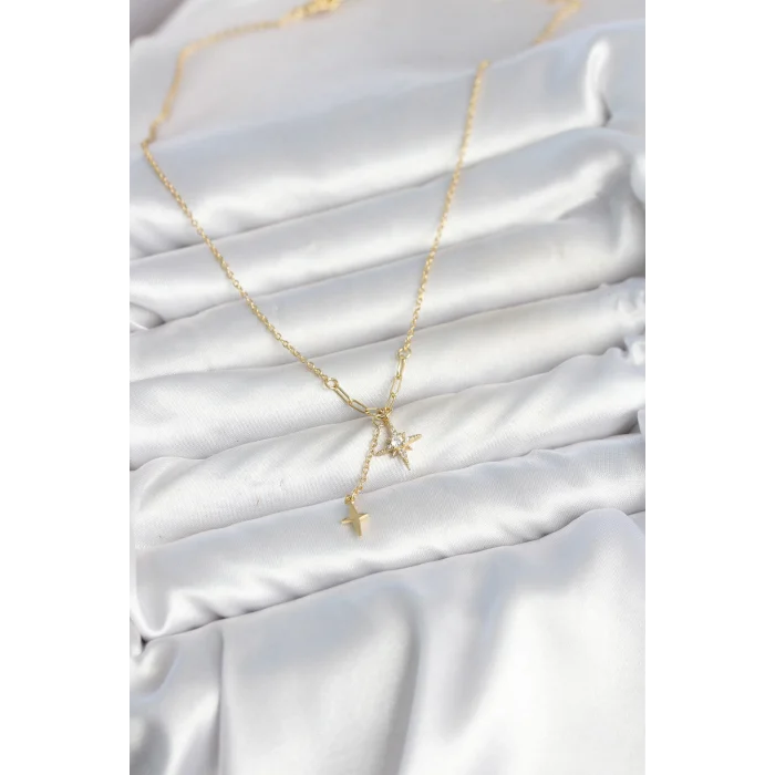 BUĞZ Pirinç Gold Renk Zirkon Taşlı Minimal Sallantılı Kutup Yıldızı Model Kadın Kolye - BUĞZ