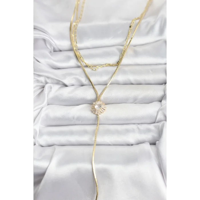 BUĞZ Pirinç Gold Renk Zirkon Taşlı Papatya Model Detaylı 3lü Kombin Y Kadın Kolye - Lisinya