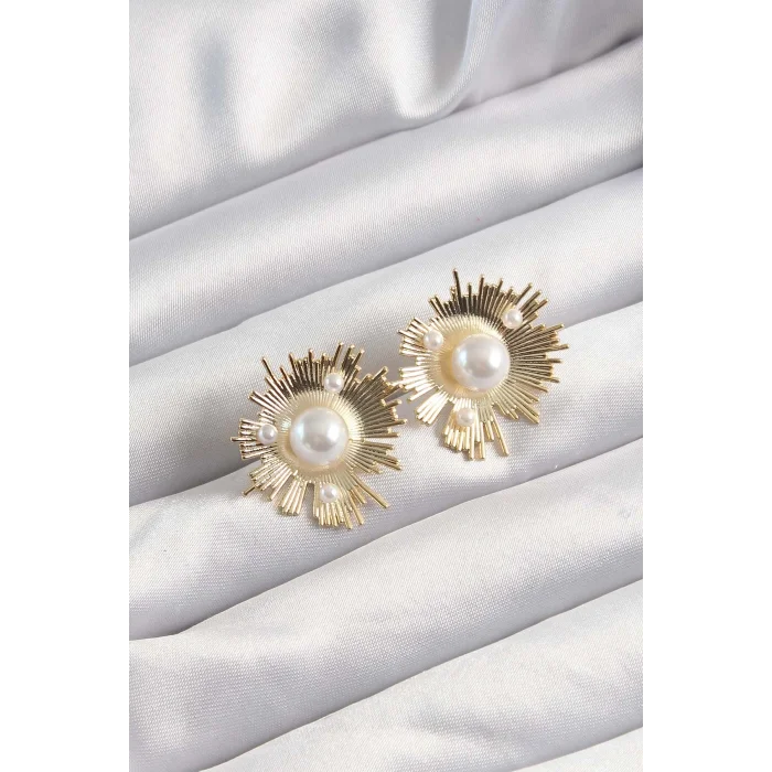 BUĞZ Pirinç Gold Renk Zirkon Taşlı Parlayan İnci Taneleri Küpe - Lisinya