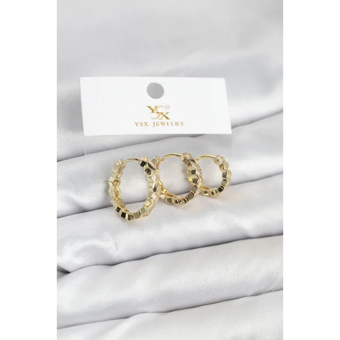 BUĞZ Pirinç Gold Renk Zirkon Taşlı Petek Halka Model YSX Trio Küpe Seti