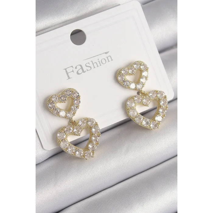 BUĞZ Pirinç Gold Renk Zirkon Taşlı Sallantı Kalp Model Kadın Küpe