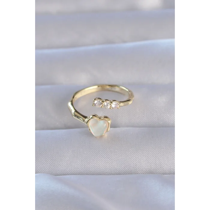 BUĞZ Pirinç Gold Renk Zirkon Taşlı Sedefli Kalp Model Ayarlanabilir Yüzük - Lisinya
