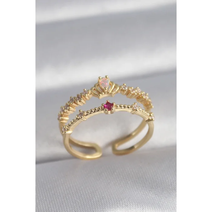 BUĞZ Pirinç Gold Renk Zirkon Taşlı Taç Model Kadın Yüzük