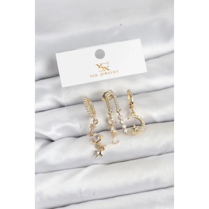 BUĞZ Pirinç Gold Renk Zirkon Taşlı Uzay Model YSX Trio Küpe Seti