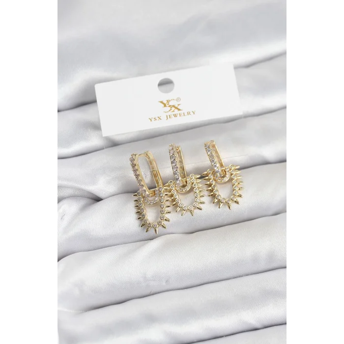 BUĞZ Pirinç Gold Renk Zirkon Taşlı Vintage Model YSX Trio Küpe Seti