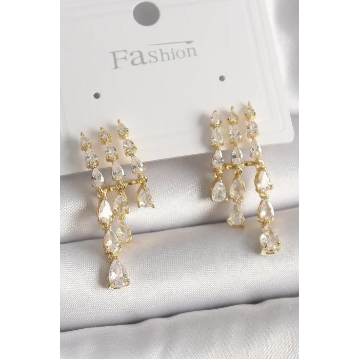 BUĞZ Pirinç Gold Renk Zirkon Taşlı Yağmur Model Kadın Küpe