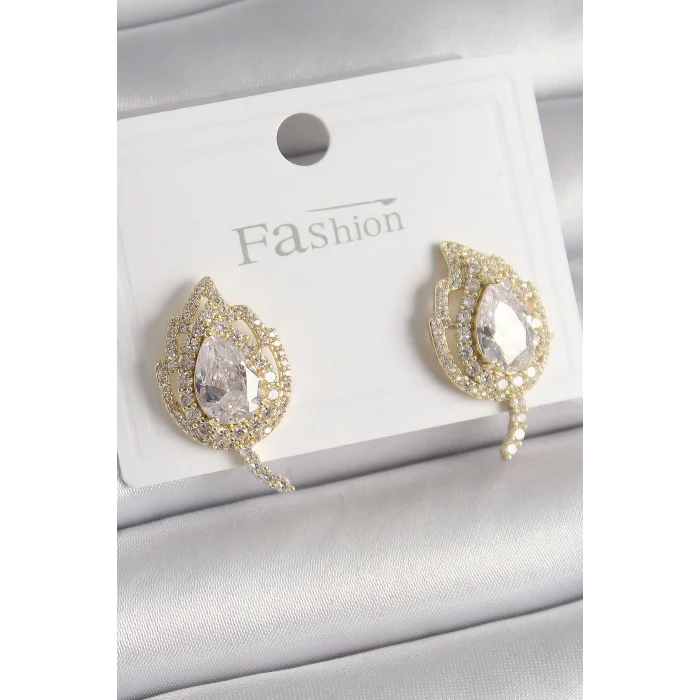 BUĞZ Pirinç Gold Renk Zirkon Taşlı Yaprak Model Kadın Küpe