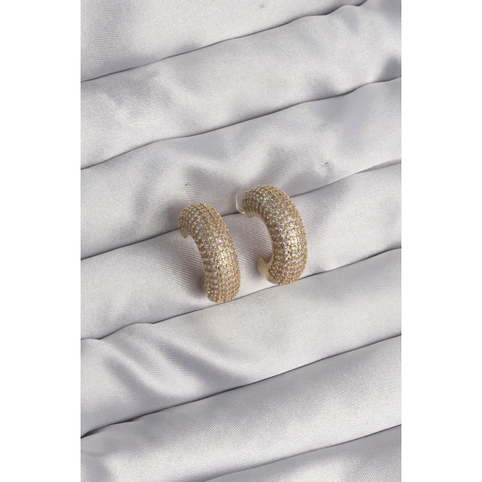 BUĞZ Pirinç Gold Renk Zirkon Taşlı Yarım Halka Küpe - Lisinya