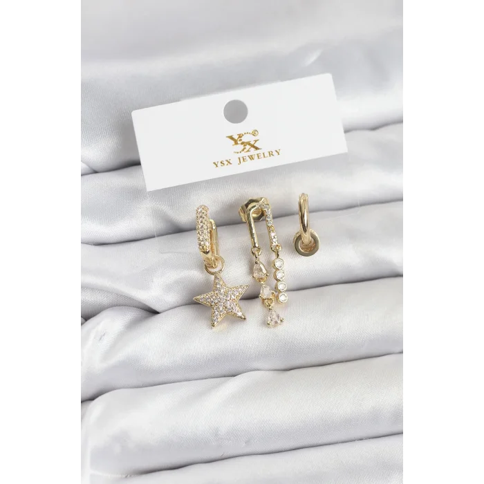 BUĞZ Pirinç Gold Renk Zirkon Taşlı Yıldız Vintage Model YSX Trio Küpe Seti