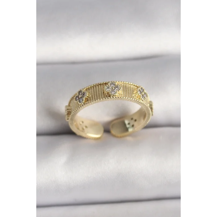 BUĞZ Pirinç Gold Renk Zirkon Taşlı Yonca İşlemeli Ayarlanabilir Yüzük