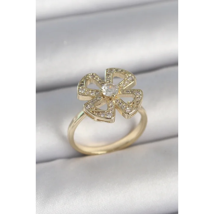 BUĞZ Pirinç Gold Renk Zirkon Taşlı Yonca Model Ayarlanabilir Kadın Yüzük