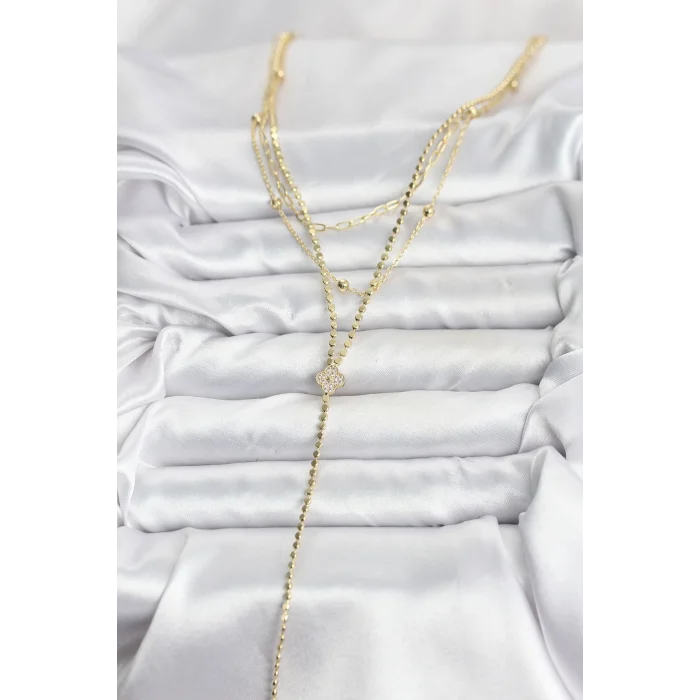 BUĞZ Pirinç Gold Renk Zirkon Taşlı Yonca Model Detaylı 3lü Kombin Y Kadın Kolye - Lisinya