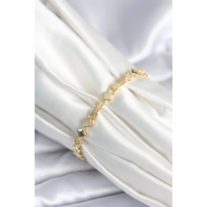 BUĞZ Pirinç Gold Renk Zirkon Taşlı Yonca Model Kadın Bileklik